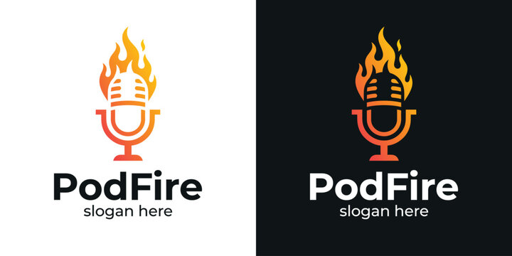 PodFire Logo Design Podcast Microphone with Flames Modern Branding.