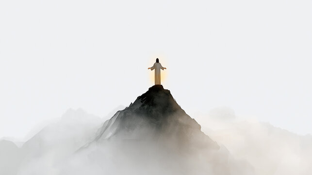 Watercolor of Jesus's glowing silhouette on a mountain peak