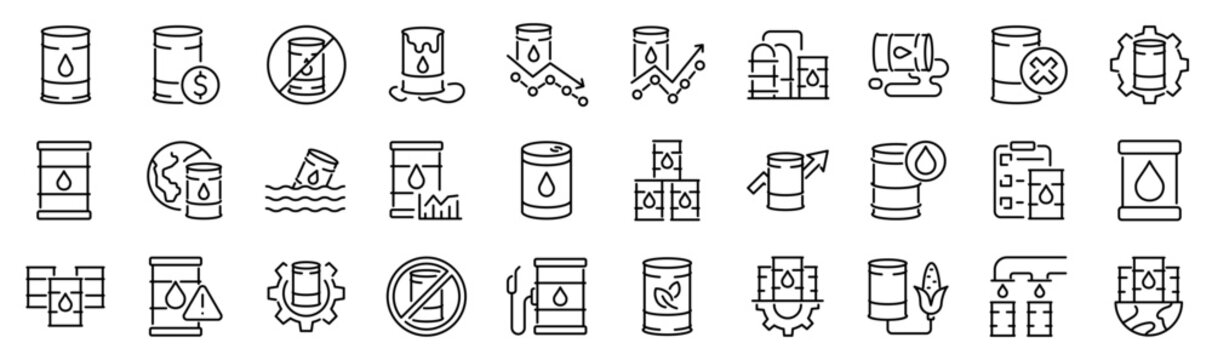 Set of 30 outline icons related to oil barrel. Linear icon collection. Editable stroke. Vector illustration