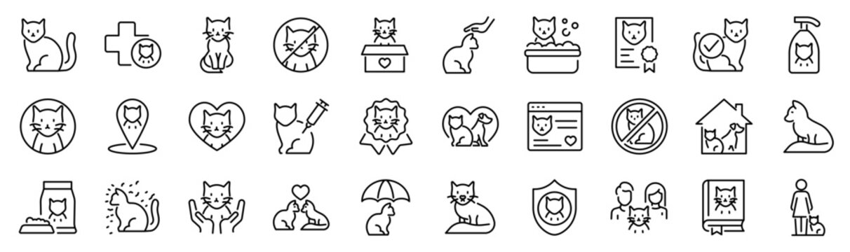 Set of 30 outline icons related to cat. Linear icon collection. Editable stroke. Vector illustration