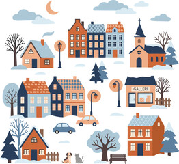 Fototapeta premium Winter town vector illustration with cute houses church cafe shop cars street lamps trees snow and pets under a crescent moon sky.