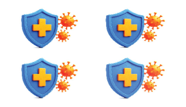 Blue shields with yellow medical crosses and orange virus icons for healthcare protection and disease prevention concepts.