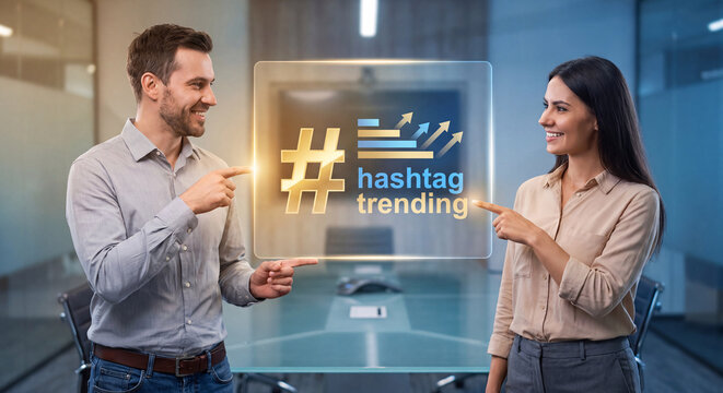 social media team points at glowing hashtag performance interface to confirm hashtag trending, verify reach ranking, and manage tag strategy