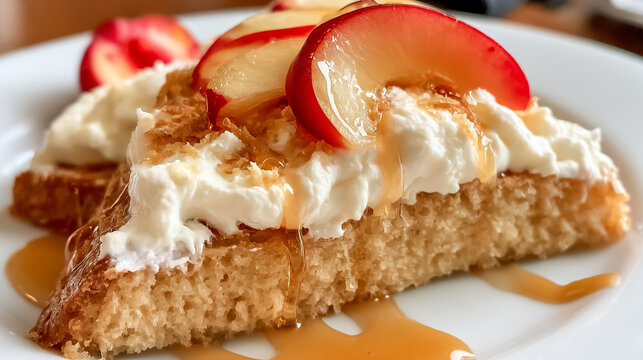 Slice of homemade cake topped with white cream and fresh sliced plums with syrup