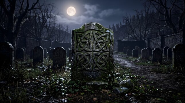 A spooky and atmospheric halloween special background featuring an old weathered tombstone in a dark misty graveyard under moonlight