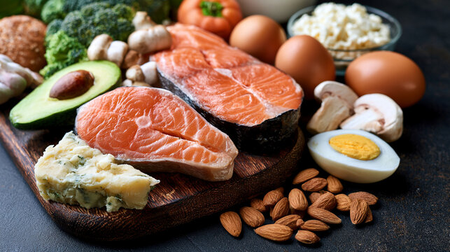 Healthy food selection with salmon steaks eggs avocado vegetables on dark background