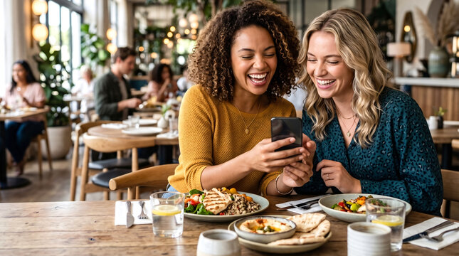 Two happy young women friends enjoying lunch together at a stylish contemporary restaurant, laughing naturally while looking at a smartphone and sharing a joyful moment. 