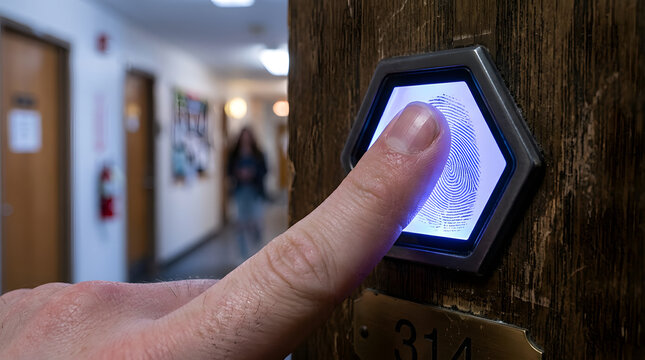 Hand pressing fingerprint scanner for secure biometric access control verification