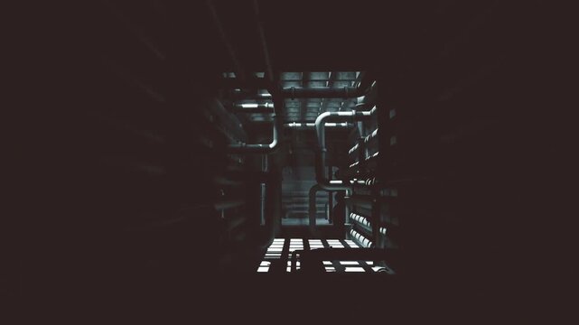 Narrow maintenance passage under dim lights, rows of vents and exposed pipes, worn concrete walls, ladder access and shadowed corners, tense service atmosphere