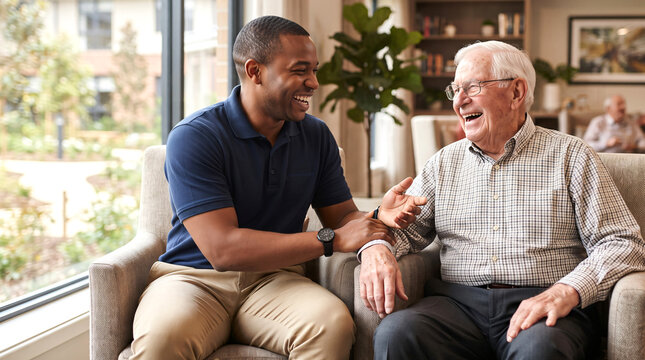 A male caregiver interacting with a senior male patient in a modern assisted living residence. They are sharing a joyful, supportive moment, representing dignity and companionship in elderly care. 