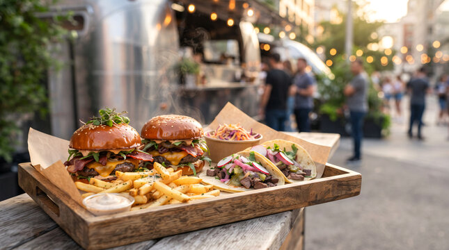 A mouthwatering close-up gourmet street food feast served on a rustic wooden tray from a modern urban food truck.
