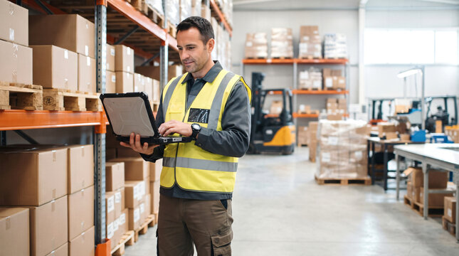 A confident warehouse logistics specialist using a laptop computer inside a modern distribution center while reviewing shipping information, inventory status, and delivery operations. 