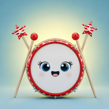 Cute smiling drum with drumsticks