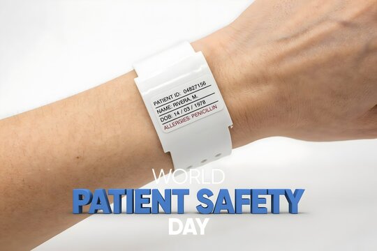 Patient identification wristband on arm for World Patient Safety Day medical awareness