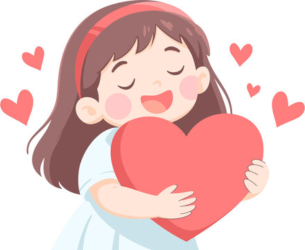 Girl Hugs Big Heart Surrounded by Small Hearts