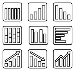Obraz premium A collection of nine simple black and white line art icons representing various types of bar graph data visualization