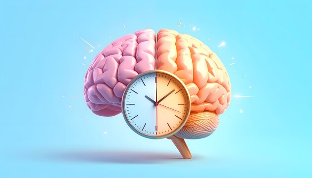 Creative brain and clock concept with contrasting warm and cool tones, symbolizing time perception, cognitive balance, mental performance, productivity, and decision making.