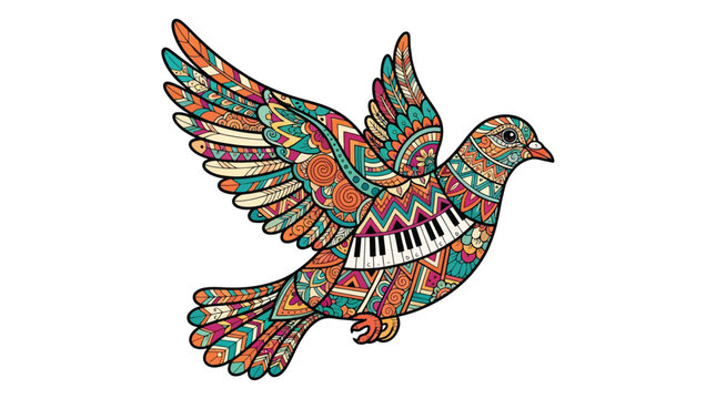 Vibrant flying dove vector illustration featuring decorative mandala patterns and piano keys for creative musical design