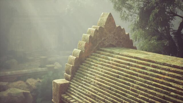 Sunlit stone ridge with sunbeams, curved parapet glows amid morning haze, detailed tile pattern highlighted by shafts of light, warm tone evokes discovery