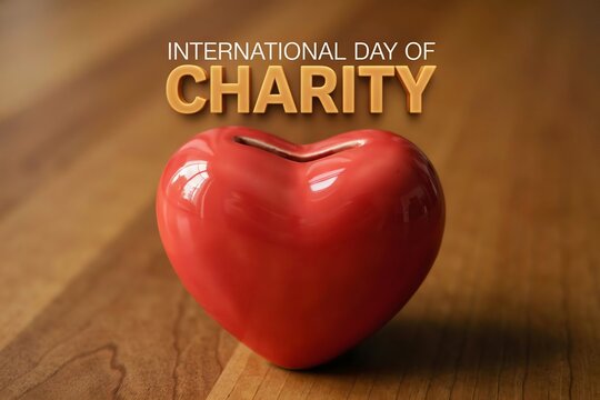 International Day of Charity concept with a red heart shaped piggy bank on wooden table