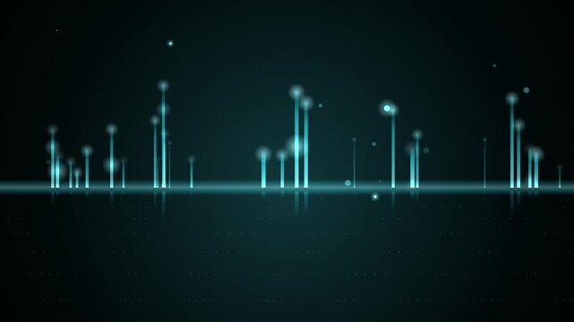Futuristic equalizer visualization with glowing cyan bars rising from a horizontal line against a dark starry background.