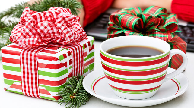Christmas gift boxes wrapped in festive paper with ribbon bows and a coffee cup