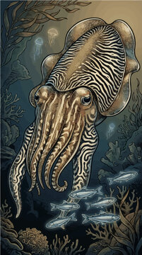 Giant Cuttlefish Hypnotizing Prey Zebra Ripple Pattern Vector Illustration