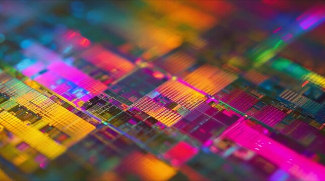 High angle macro view of silicon microchip wafer array with glowing magenta cyan and gold optical light reflections during precision semiconductor manufacturing process (AI Generated)
