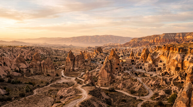 cappadocia valley volcanic rock formations and cave houses at sunset in turkey