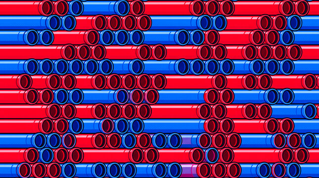 stack of red and blue plastic construction pipes repeating pattern graphic design illustration