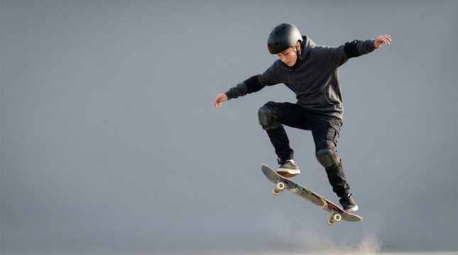 Teen boy performing kickflip on skateboard in urban setting  