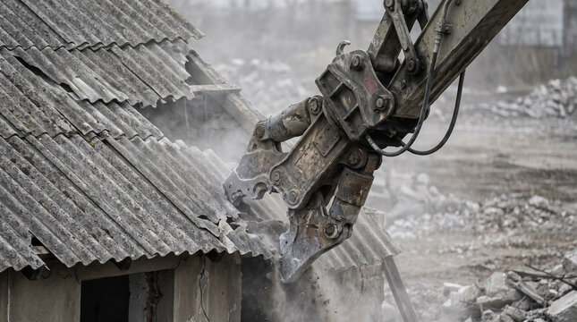Detail of the construction attachment on the excavator "concrete shears", it dismantles the old gray eternit roof on the house