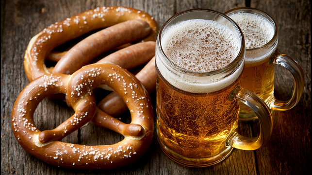 Traditional german pretzels sausages and mugs of beer on wooden table with german pretzel