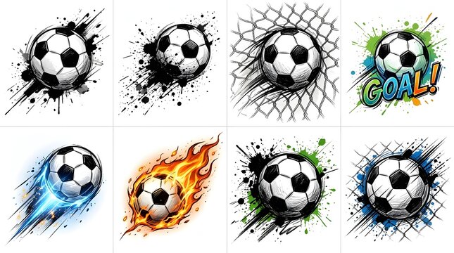 Set of eight artistic soccer ball illustrations featuring dynamic ink splashes colorful paint strokes and fiery effects isolated on a clean white background for design