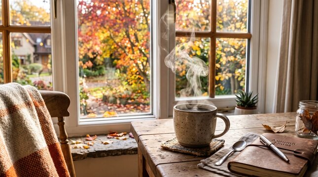 Cozy Autumn Morning With Steaming Coffee Mug, Notebook and Window View of Fall Leaves