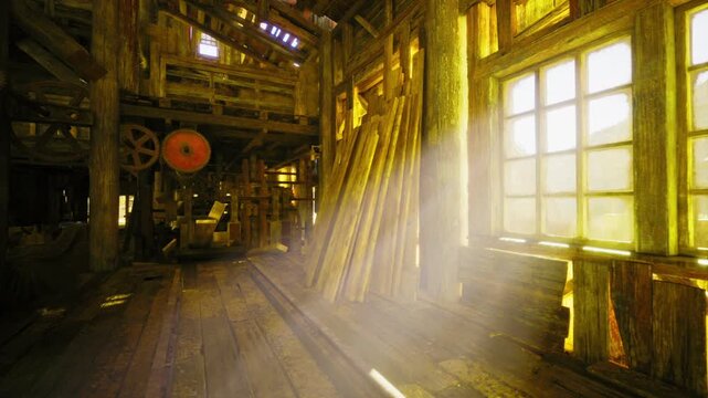 Lumber workshop bathed in warm light, stacked poles leaning by window, dust particles visible in sunbeams, tranquil renovation mood suitable for sustainable