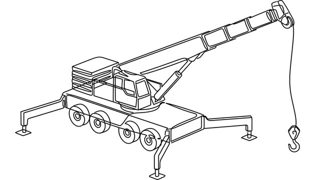 Mobile crane line art illustration white background.