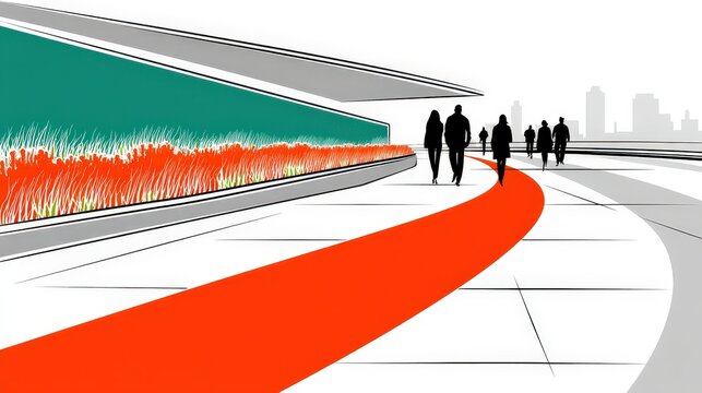 Modern cityscape with futuristic walking path and skyline background