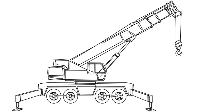 Mobile crane line art illustration white background.