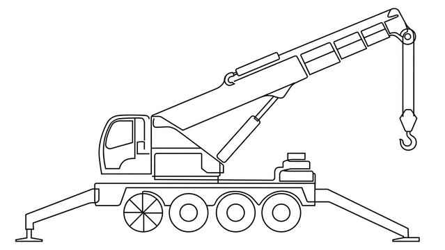 Mobile crane line art on white background.