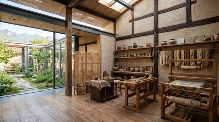 Fototapeta premium Modern Rustic Interior of Traditional Pottery and Weaving Studio