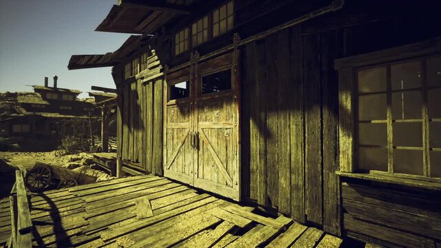 Warm Namibian alley of wooden shacks, narrow walkway, layered corrugated roofs, patched windows, interplay of light and shadow, distant dunes on horizon, faded