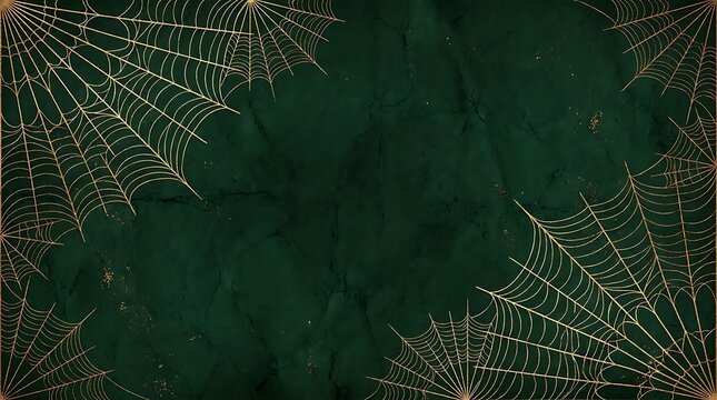 Decorative dark green background with golden spider web corner frame accents for halloween designs