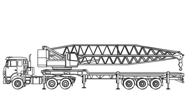 Mobile crane truck line art on white background.