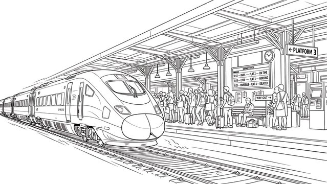 Modern train station illustration white background.