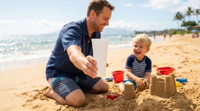 Smiling father presents sunscreen while playing with his young son and building a sandcastle on sunny beach