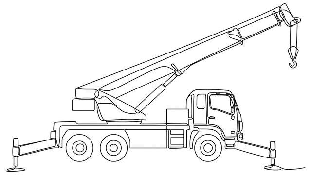 Mobile crane truck line art white background.