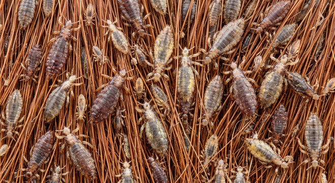 Cattle lice showing short nosed compact form on close up microscopic hair