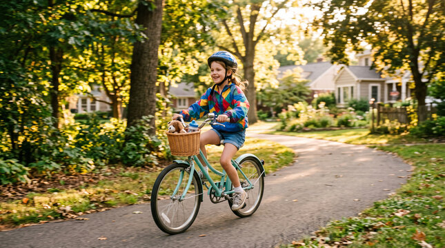 child riding classic bicycle on park path in suburban neighborhood