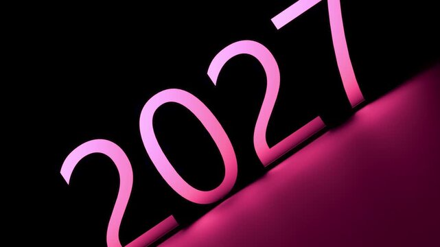 A glowing neon banner reading 2027. Anticipation, waiting, planning. The text 2027, the numbers for the year two thousand twenty-seven, animation. 3D render